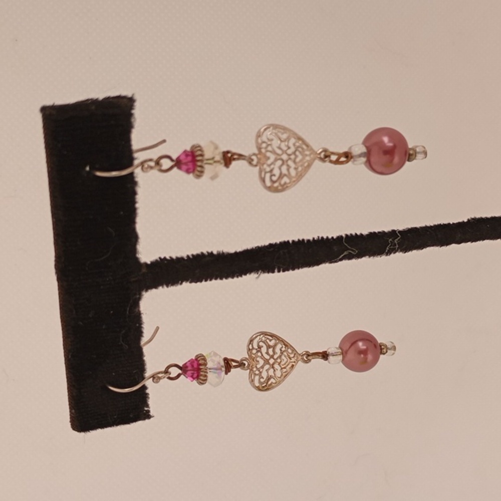 Handmade Pink Heart Drop Earrings Victorian Valentine's Day Gold Tone Pearls